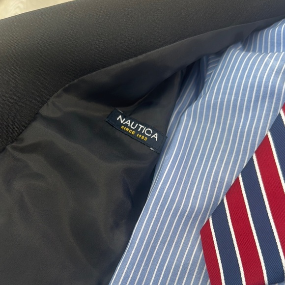 Nautica Kids Navy Blazer with Striped Shirt and Beige Pants - Picture 2 of 4